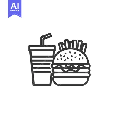 Aset desain premium: Fast Food Icon: Burger, Fries, and Drink in Bold Outline Style
