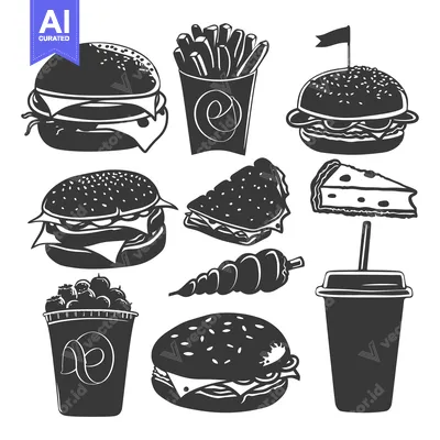 Aset desain premium: Fast Food Icon Set with Burgers, Fries, Pie, and Drinks