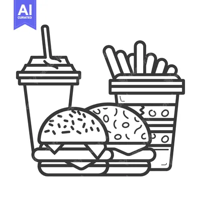 Aset desain premium: A monochrome drawing depicting fast food restaurant favorites