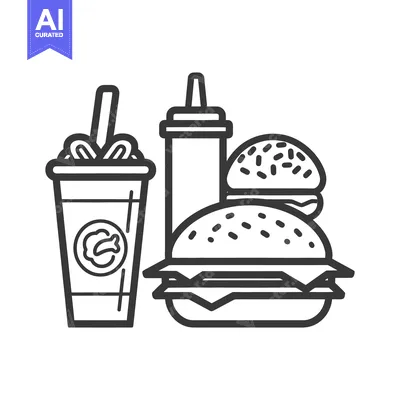 Aset premium populer: Simple line art depicting a fast food combo meal