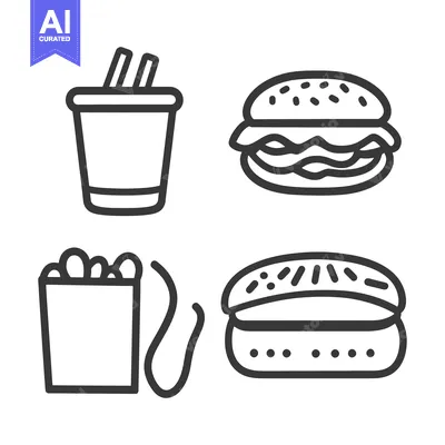 Aset desain premium: Simple black and white illustrations of fast food items