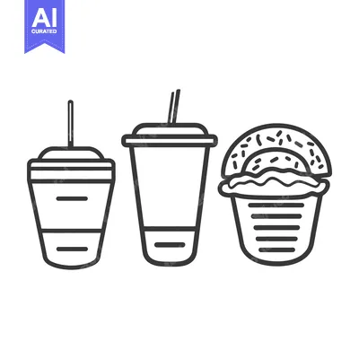 Aset premium populer: Outline illustrations depicting beverages and a frosted pastry for enj