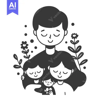Premium design asset: Father and Three Children with Closed Eyes and Flowers