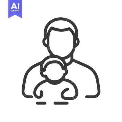 Premium design asset: A parent holds a child in a simple black line illustration