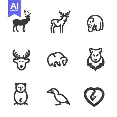 Aset desain premium: Line art graphic depictions of various animals and symbols
