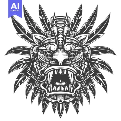 Aset desain premium: Feathered Mask with Geometric Patterns and Fangs