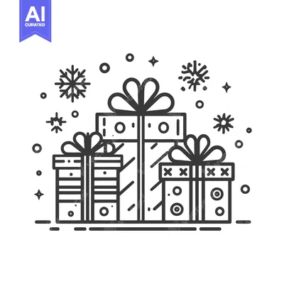Aset premium populer: Minimalist Christmas Gifts Icon with Snowflakes and Stars, Line Art