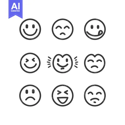 A collection of stylized black and white emoji expressions in circles