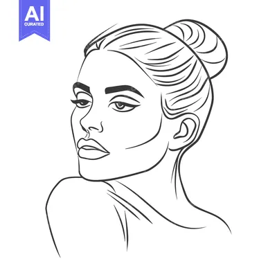 Aset desain premium: A feminine minimalist line drawing of a womans portrait