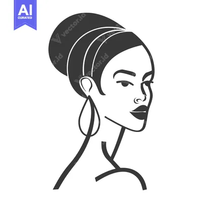 Aset desain premium: A simple line drawing of a woman with headwrap and earrings