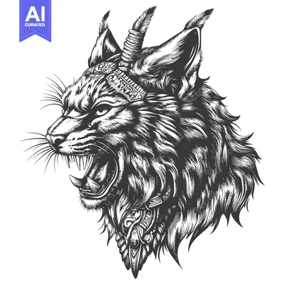 Popular premium asset: Ferocious Black and White Illustration of a Lynx with Ornate Headwear