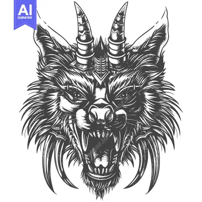 Aset premium populer: Ferocious Black and White Wolf Head with Horns