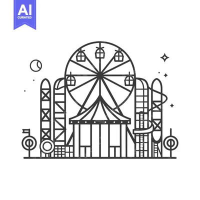 Aset premium populer: Ferris Wheel and Amusement Park Rides Line Art Illustration
