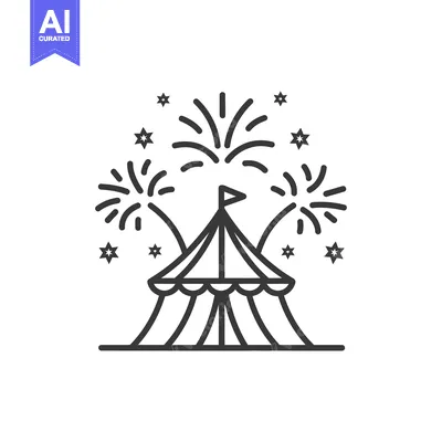 Aset desain premium: Minimalist Circus Tent Icon with Fireworks and Stars on White Backgrou