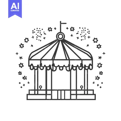 Aset desain premium: A linear monochrome illustration of a carnival carousel ride