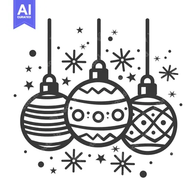 Aset desain premium: Three decorated holiday ornaments hanging with festive surrounding sta