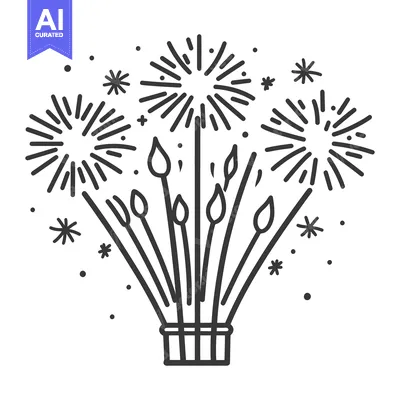 Aset desain premium: A black and white illustration of fireworks exploding upwards
