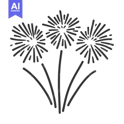 Aset desain premium: Three stylized fireworks exploding in a linear black and white design