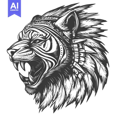 Aset desain premium: Fierce Black and White Tiger Head with Tribal Design