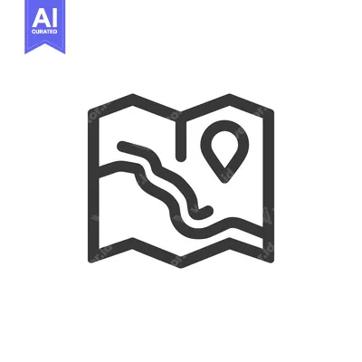 Aset premium populer: Minimalist Map Icon with Location Pin and River Route, Dark Gray on Wh