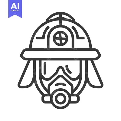 Aset desain premium: A detailed linear illustration of a firefighter helmet and mask