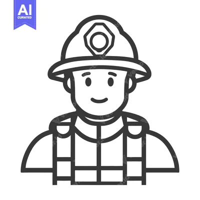 Aset desain premium: A smiling simplified cartoon image of a firefighter wearing a helmet