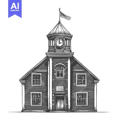 Aset desain premium: Classic Town Hall Building with Clock Tower and Flag