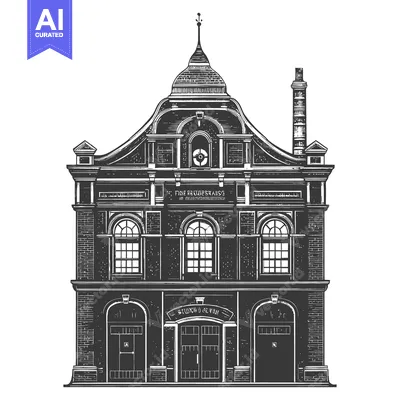 Aset desain premium: Vintage Firehouse Building Architectural Illustration