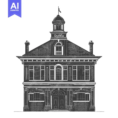 Aset premium populer: Engraving of a historical brick building with a cupola