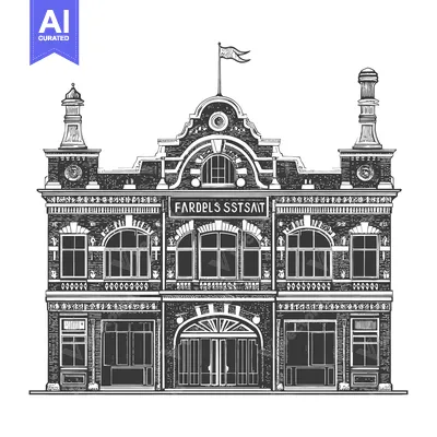 Aset premium populer: Engraving of an ornate brick building with a large central doorway