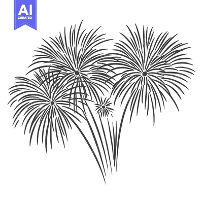 Premium design asset: Black and white illustration depicts stylized fireworks explosions in