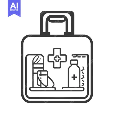 Aset desain premium: An illustrated first aid kit containing medical supplies and items
