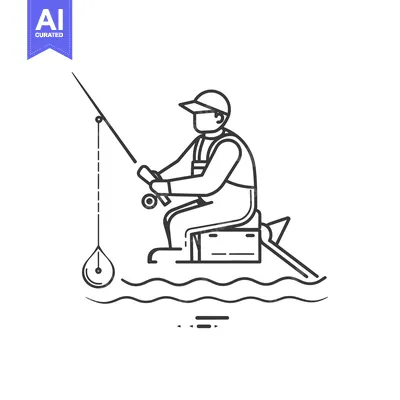 Aset desain premium: Fisherman Sitting on a Floating Platform with a Fishing Rod