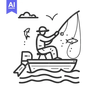 Aset desain premium: Fisherman on a boat with a fishing rod catching fish