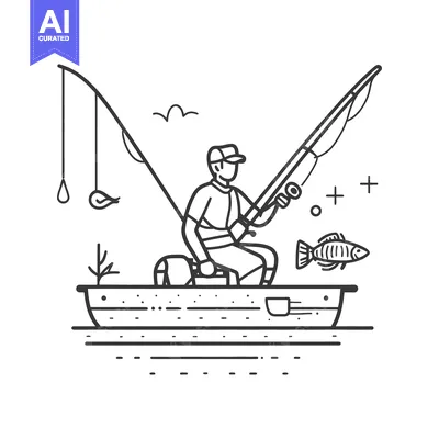 Aset desain premium: An illustration depicts a person fishing from a small boat