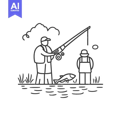 Premium design asset: Two people are fishing in the water with a rod and reel
