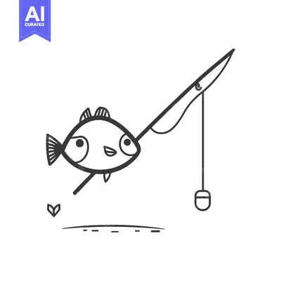 Aset premium populer: A smiling cartoon fish is fishing with a simple fishing rod