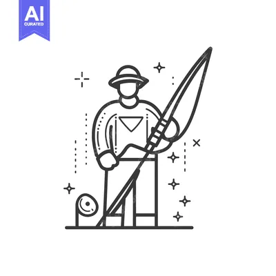 Aset desain premium: A simple illustration of a fisherman with his equipment outdoors