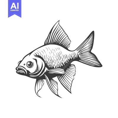 Aset premium populer: A detailed black and white illustration of a swimming goldfish