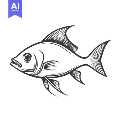 Aset premium populer: A detailed black and white illustration of a swimming fish