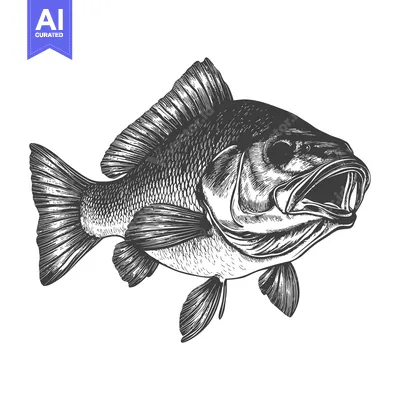 Aset desain premium: Detailed Engraving of a Large Open Mouth Fish