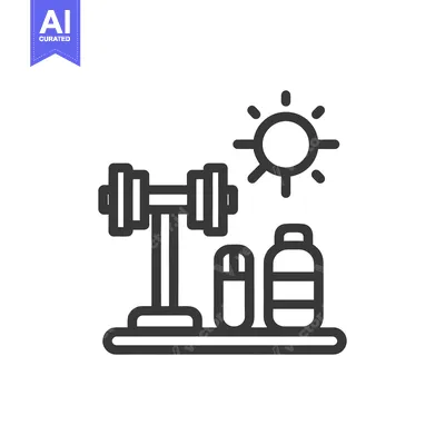 Aset desain premium: Fitness Icon: Dumbbell, Supplements, Water Bottle, and Sun Graphic