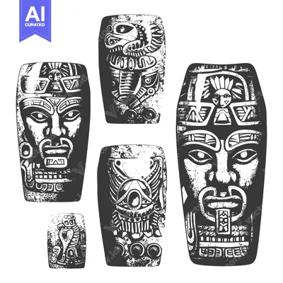 Aset desain premium: Five Ancient Mayan Stone Carvings of Human and Animal Faces