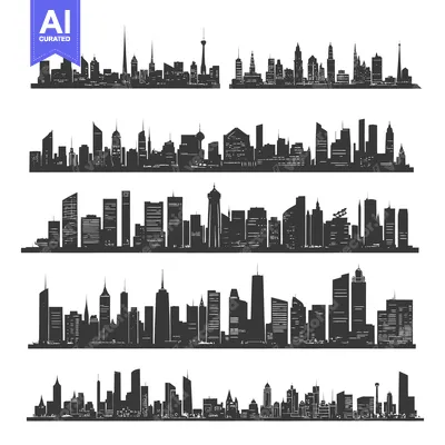 Premium design asset: Five black and white city skyline illustrations