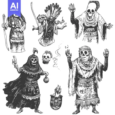 Aset premium populer: Five Black and White Sketches of Figures with Skulls and Tribal-Inspir