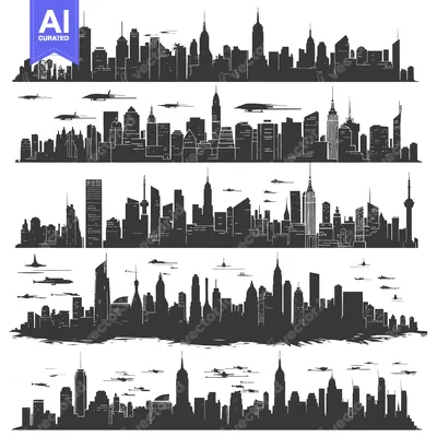 Premium design asset: Five Detailed Black and White City Skyline Silhouettes with Flying Air