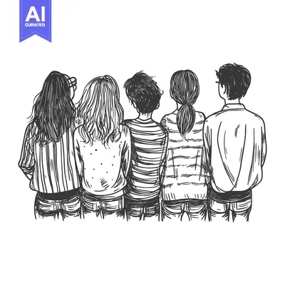 Premium design asset: Five Friends Standing Together From Behind, Black and White Line Drawi