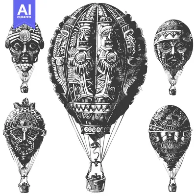Five Ornate Hot Air Balloons With Intricate Mask Designs