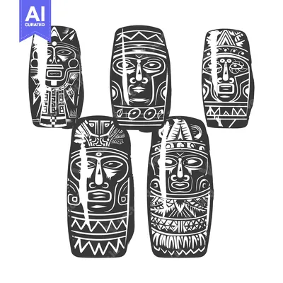 Premium design asset: Five Ornate Tribal Carved Wooden Totems with Faces