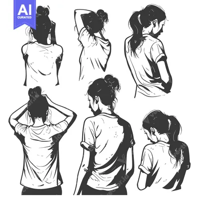 Premium design asset: Five Silhouettes of a Woman Wearing a T-Shirt with Different Hairstyle